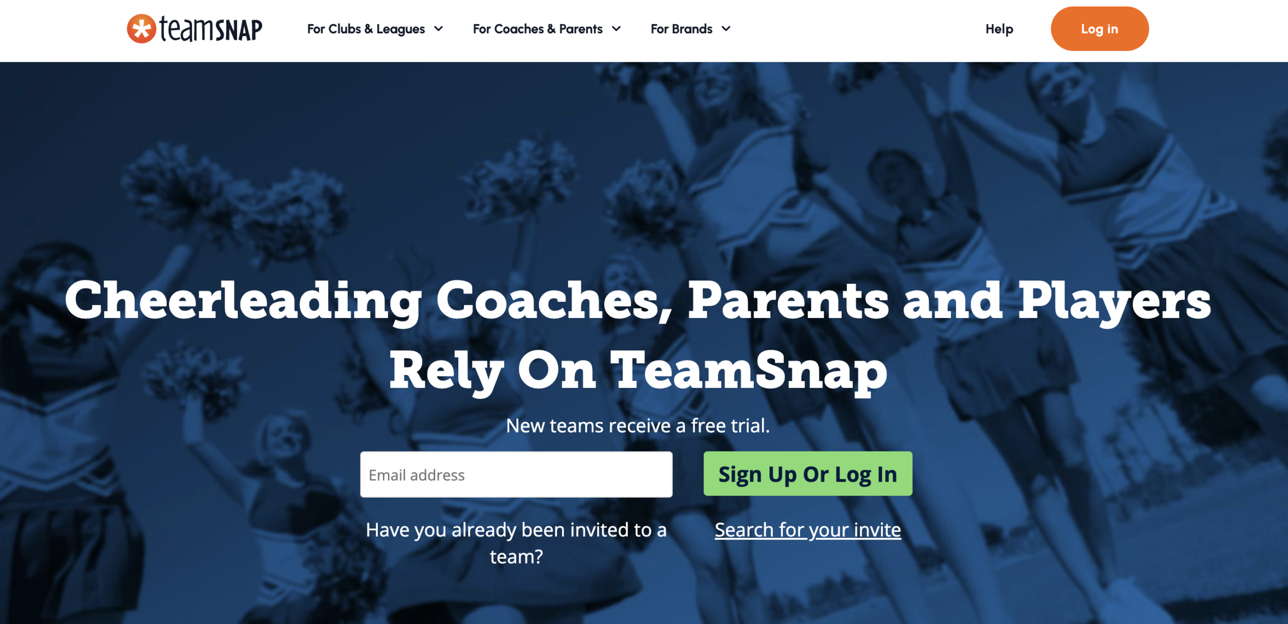 TeamSnap landing page for cheer management software